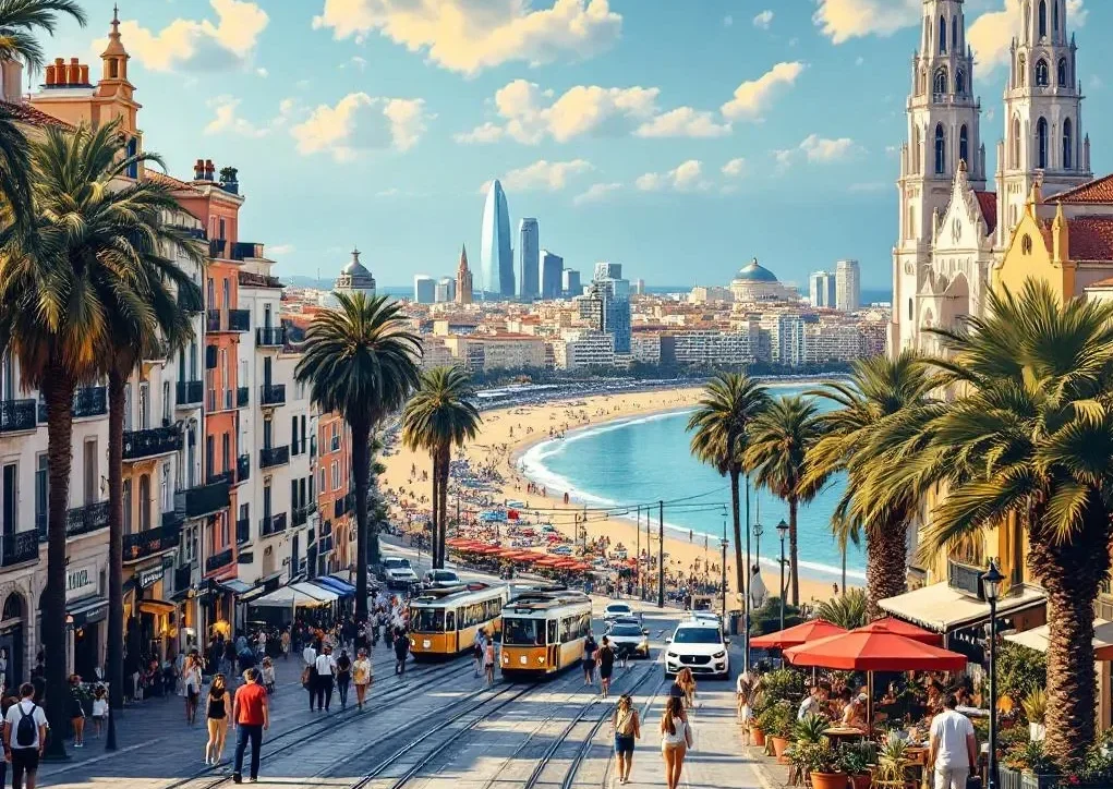 Ein glücklicher Käufer steht zusammen mit einem Personal Shopper Inmobiliario vor einem modernen Apartmentgebäude in Barcelona, während er einen Stadtplan von Barcelona in der Hand hält.