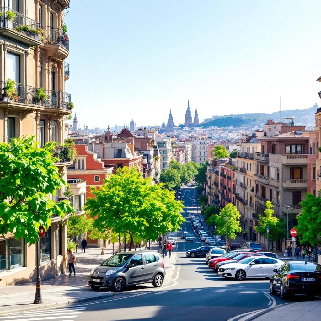 Ein glücklicher Käufer steht zusammen mit einem Personal Shopper Inmobiliario vor einem modernen Apartmentgebäude in Barcelona, während er einen Stadtplan von Barcelona in der Hand hält.