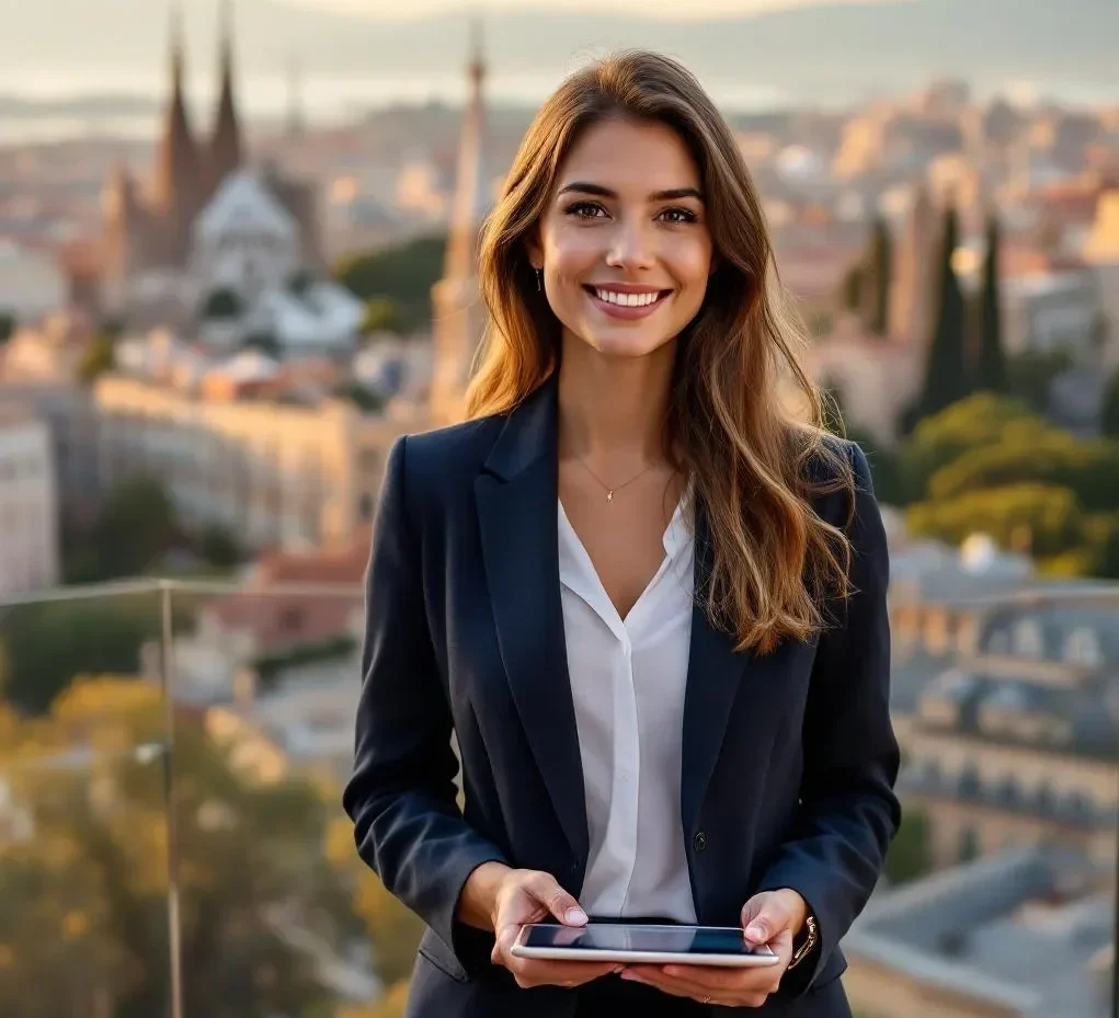 Ein glücklicher Käufer steht zusammen mit einem Personal Shopper Inmobiliario vor einem modernen Apartmentgebäude in Barcelona, während er einen Stadtplan von Barcelona in der Hand hält.