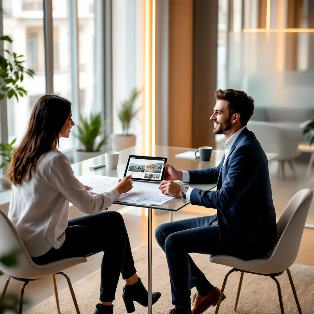 Ein glücklicher Käufer steht zusammen mit einem Personal Shopper Inmobiliario vor einem modernen Apartmentgebäude in Barcelona, während er einen Stadtplan von Barcelona in der Hand hält.